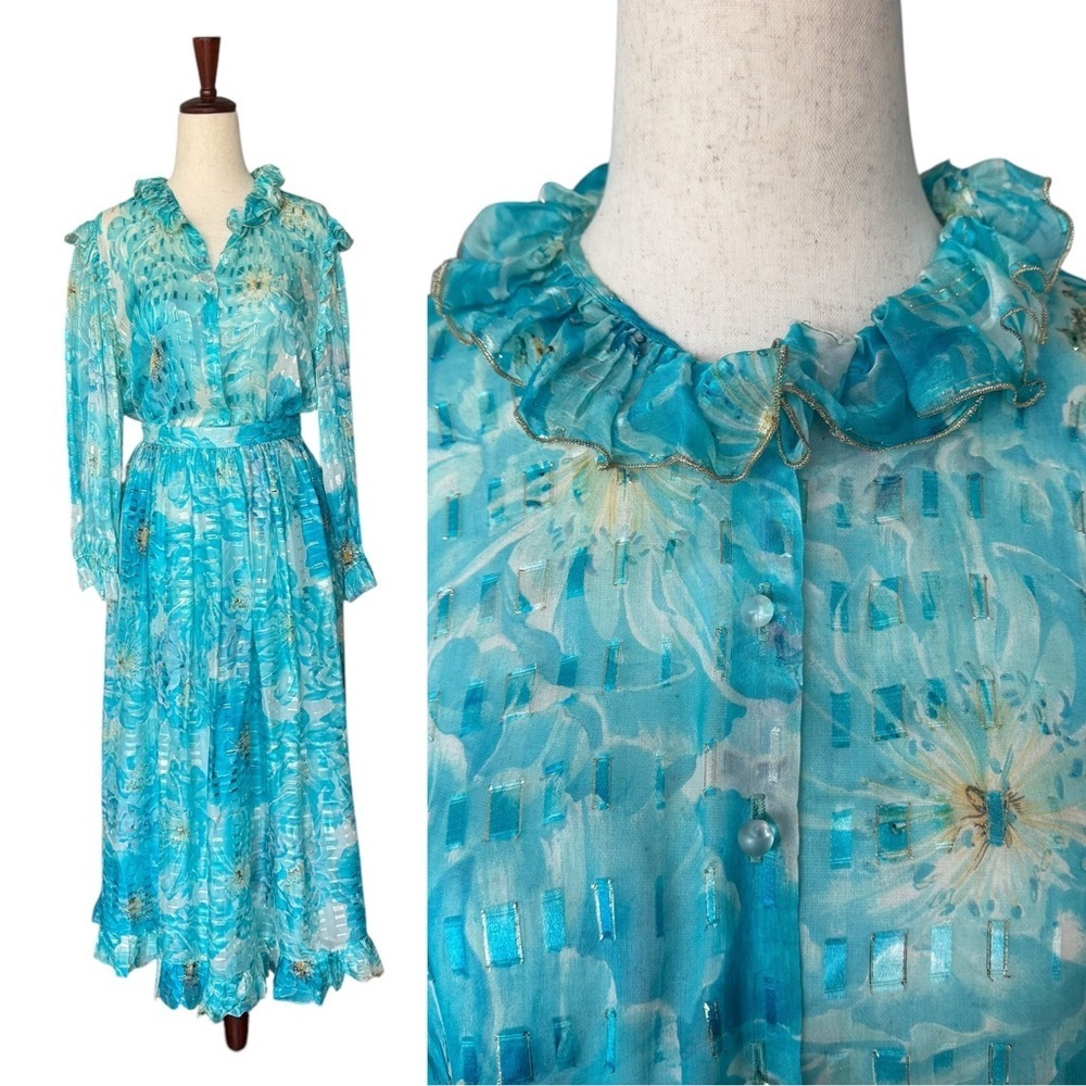 Vintage 70s 80s Louis Féraud Silk Metallic Top and Skirt 2 pc Set size Small
